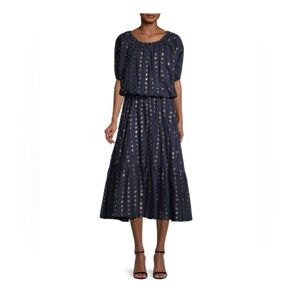 Rhode Frida Heart Fil-Coupé Cotton-Blend Navy Blue Metallic Midi Dress Large